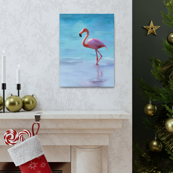 Pink Flamingo On The Beach Original Canvas Wall Art Decor, Gallery Wraps, 3 Sizes, Living Room, Office, Bedroom, Family Room, Home, 3 Sizes