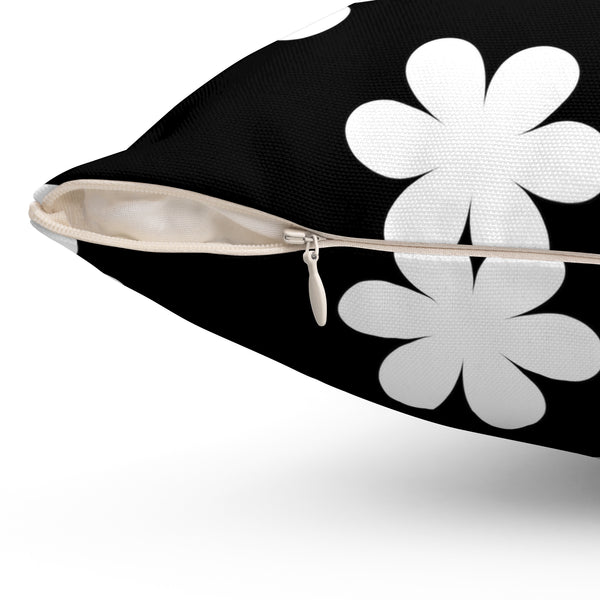 Graphic White Flowers On Black Spun Polyester Square Pillow in 4 Sizes, Home Decor, Throw Pillow