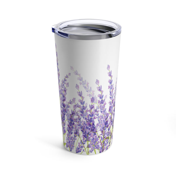 Lavender Border on White Stainless Steel 20 oz. Vacuum Insulated Tumbler, Tight Sealed Clear Lid, Travel Sized