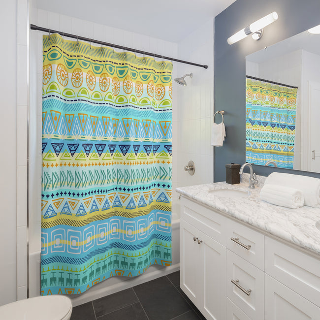Hip Print in Yellow Turquoise Green Fabric Shower Curtain Custom Design Bathroom Decor 71 x 74