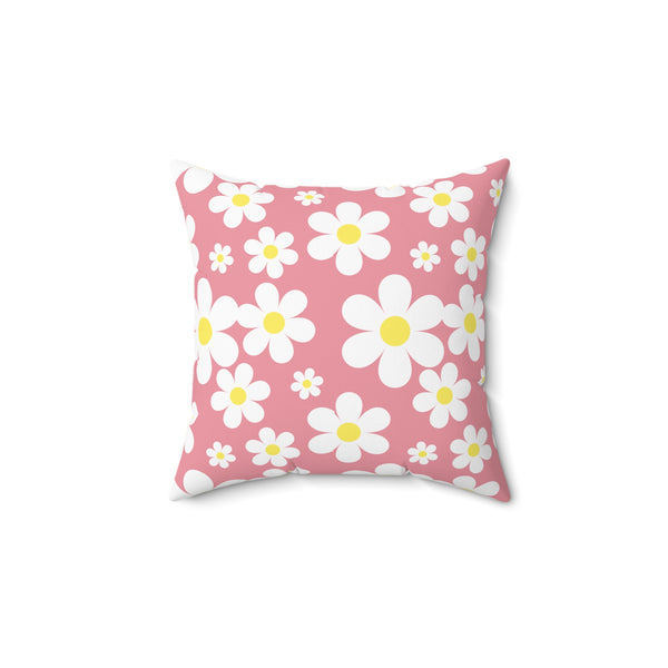Groovy White Daisies On Pink Spun Polyester Square Pillow in 4 Sizes, Home Decor, Throw Pillow