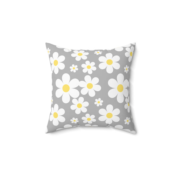 Groovy White Daisies On Gray Spun Polyester Square Pillow in 4 Sizes, Home Decor, Throw Pillow