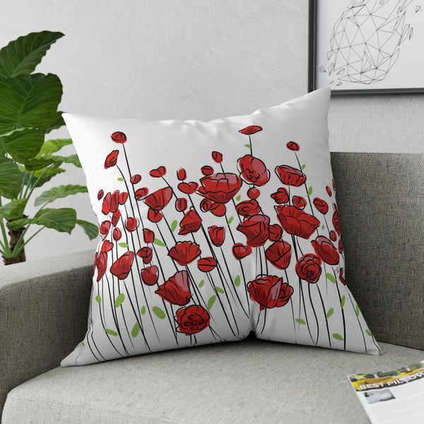 Red Poppies on White Broadcloth Pillow 4 Sizes Square and 1 Lumbar Size, Home Decor, Pillows