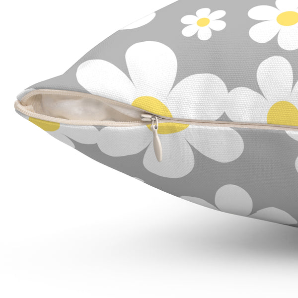 Groovy White Daisies On Gray Spun Polyester Square Pillow in 4 Sizes, Home Decor, Throw Pillow