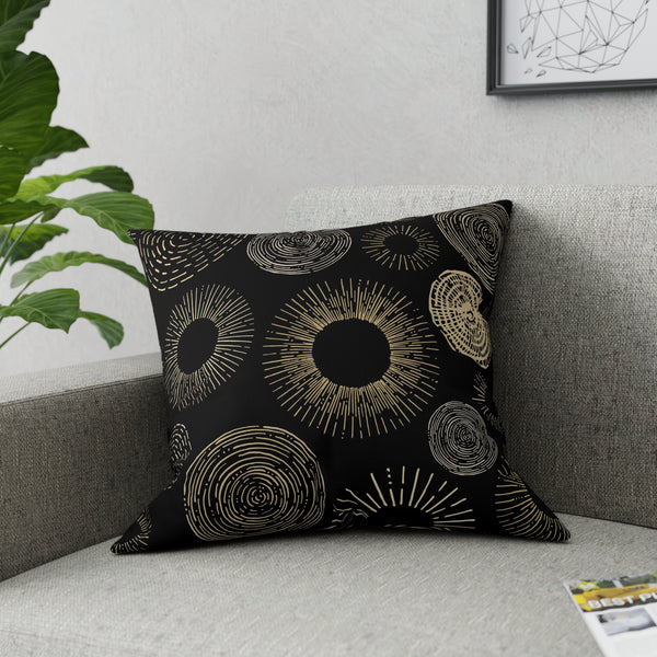 Gold Circle Sunburst Design on Black Broadcloth Pillow 4 Sizes Square and 1 Lumbar Size, Home Decor, Pillows