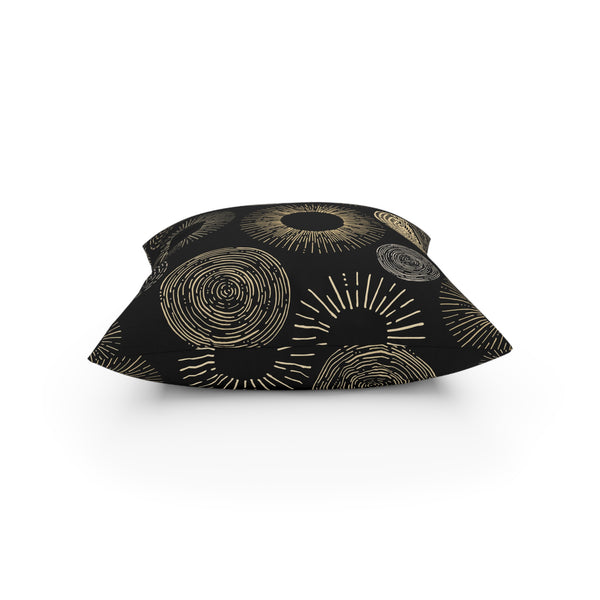 Gold Circle Sunburst Design on Black Broadcloth Pillow 4 Sizes Square and 1 Lumbar Size, Home Decor, Pillows