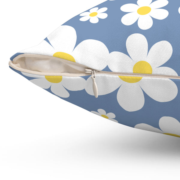 Groovy White Daisies On Blue Spun Polyester Square Pillow in 4 Sizes, Home Decor, Throw Pillow
