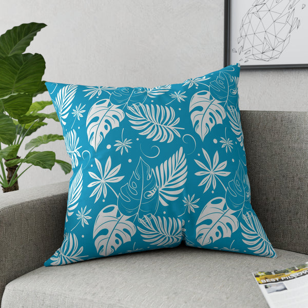 White Palm Fronds On Teal Blue Broadcloth Pillow 4 Sizes Square and 1 Lumbar Size, Home Decor, Pillows