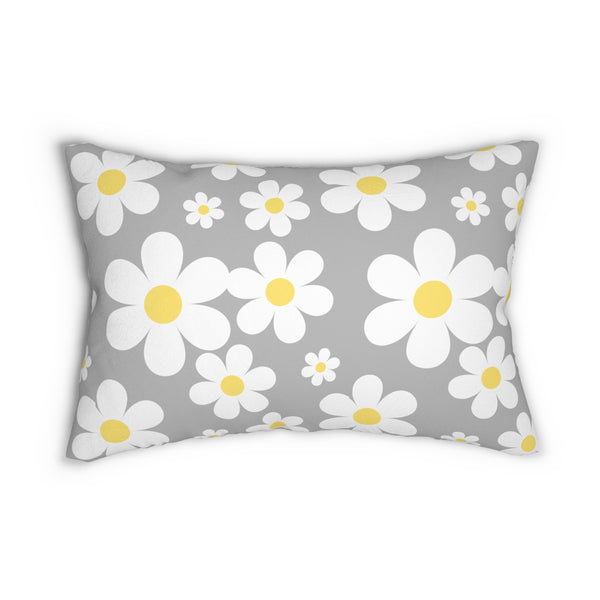 Groovy White Daisies On Gray Spun Polyester Lumbar Pillow 20 x 14, Home Decor, Throw Pillow