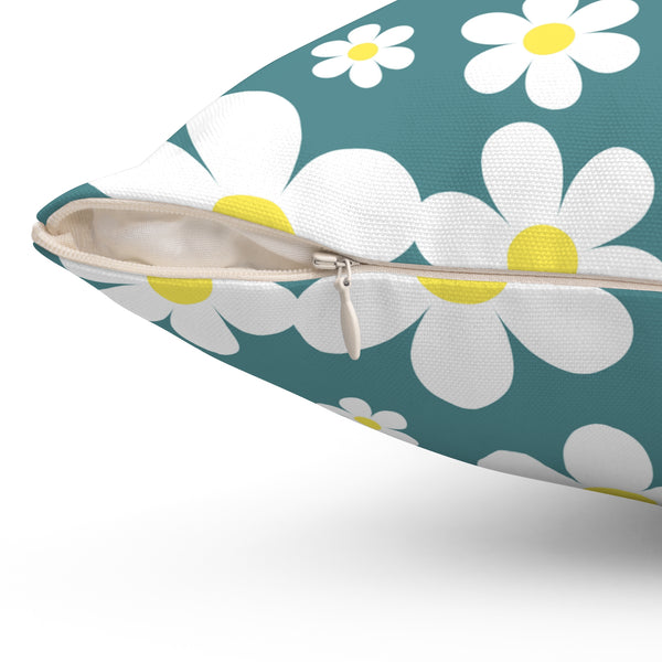 Groovy White Daisies On Teal Green Spun Polyester Square Pillow in 4 Sizes, Home Decor, Throw Pillow