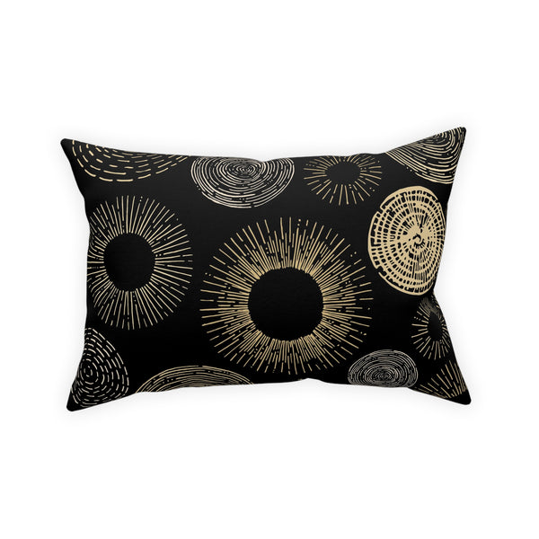 Gold Circle Sunburst Design on Black Broadcloth Pillow 4 Sizes Square and 1 Lumbar Size, Home Decor, Pillows