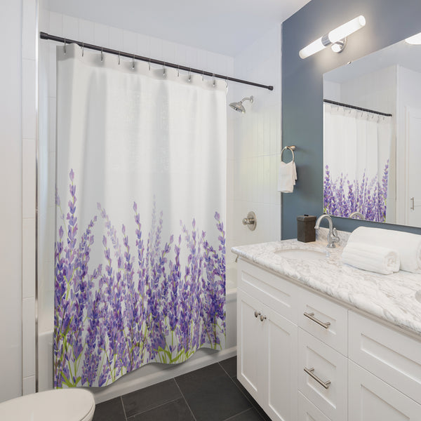 Lavender Flowers Border Fabric Shower Curtain, Custom Design Bathroom Decor 71 x 74, Home Decor