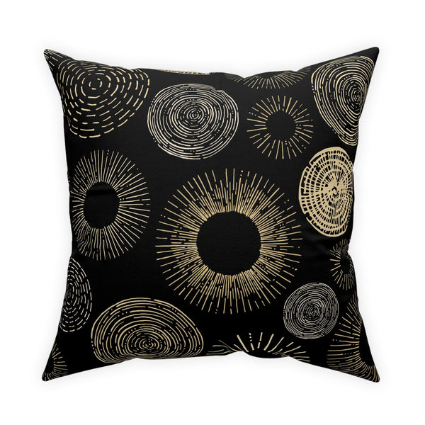 Gold Circle Sunburst Design on Black Broadcloth Pillow 4 Sizes Square and 1 Lumbar Size, Home Decor, Pillows