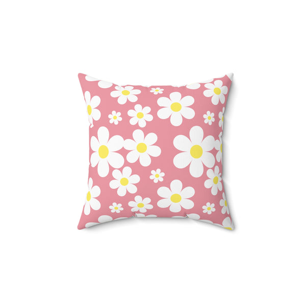 Groovy White Daisies On Pink Spun Polyester Square Pillow in 4 Sizes, Home Decor, Throw Pillow