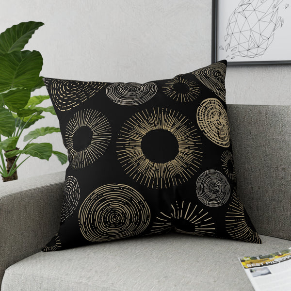Gold Circle Sunburst Design on Black Broadcloth Pillow 4 Sizes Square and 1 Lumbar Size, Home Decor, Pillows