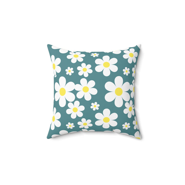 Groovy White Daisies On Teal Green Spun Polyester Square Pillow in 4 Sizes, Home Decor, Throw Pillow