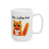 Ahh... Coffee First Wise Cat Large 15 oz White Ceramic Mug