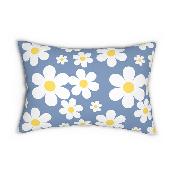 Groovy White Daisies On Blue Spun Polyester Lumbar Pillow 20 x 14, Home Decor, Throw Pillow