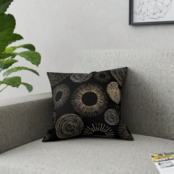 Gold Circle Sunburst Design on Black Broadcloth Pillow 4 Sizes Square and 1 Lumbar Size, Home Decor, Pillows