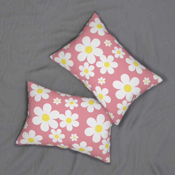 Groovy White Daisies On Pink Spun Polyester Lumbar Pillow 20 x 14, Home Decor, Throw Pillow