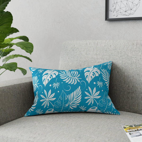White Palm Fronds On Teal Blue Broadcloth Pillow 4 Sizes Square and 1 Lumbar Size, Home Decor, Pillows