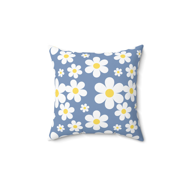 Groovy White Daisies On Blue Spun Polyester Square Pillow in 4 Sizes, Home Decor, Throw Pillow