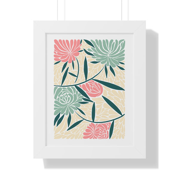 Soft Green and Pink Trendy Matisse Style Floral Print Framed Vertical Poster 11 x14