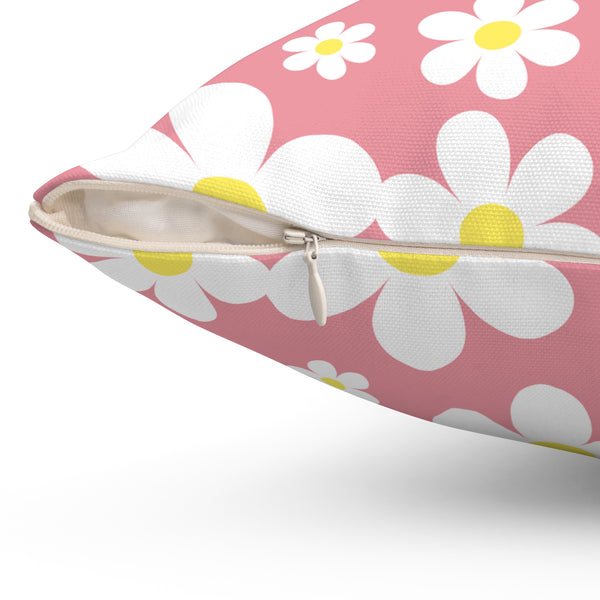 Groovy White Daisies On Pink Spun Polyester Square Pillow in 4 Sizes, Home Decor, Throw Pillow