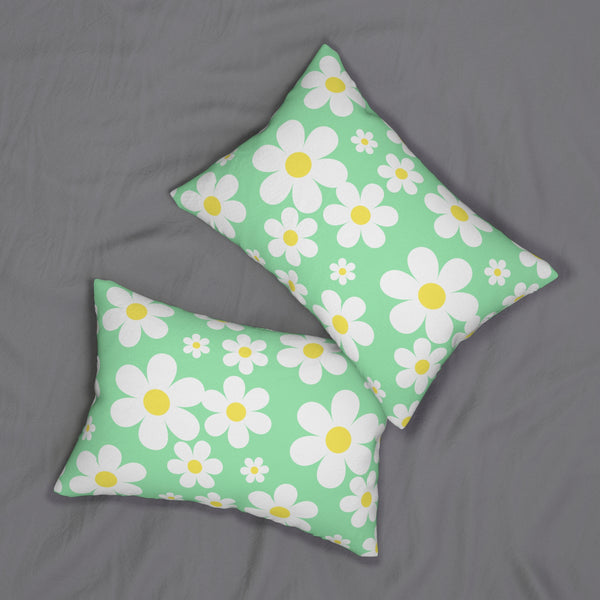 Groovy White Daisies On Spring Green Spun Polyester Lumbar Pillow 20 x 14, Home Decor, Throw Pillow