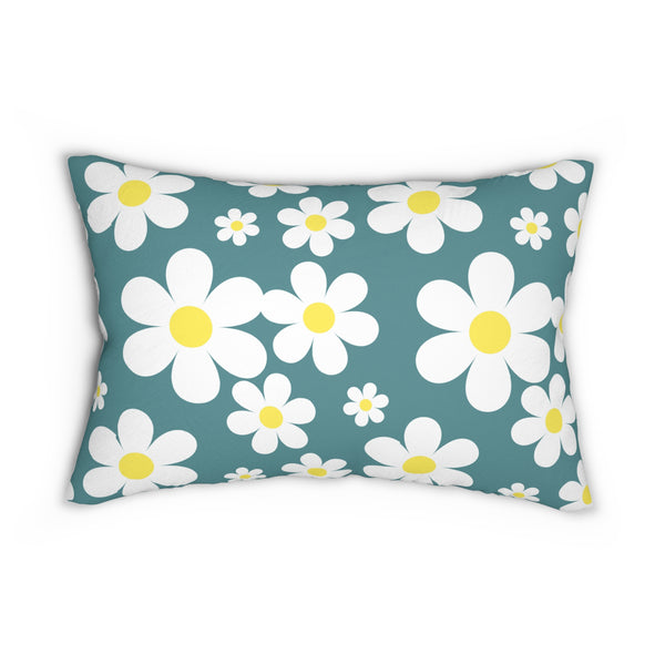Groovy White Daisies On Green Spun Polyester Lumbar Pillow 20 x 14, Home Decor, Throw Pillow