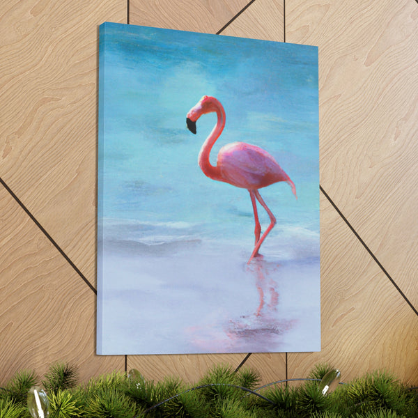 Pink Flamingo On The Beach Original Canvas Wall Art Decor, Gallery Wraps, 3 Sizes, Living Room, Office, Bedroom, Family Room, Home, 3 Sizes