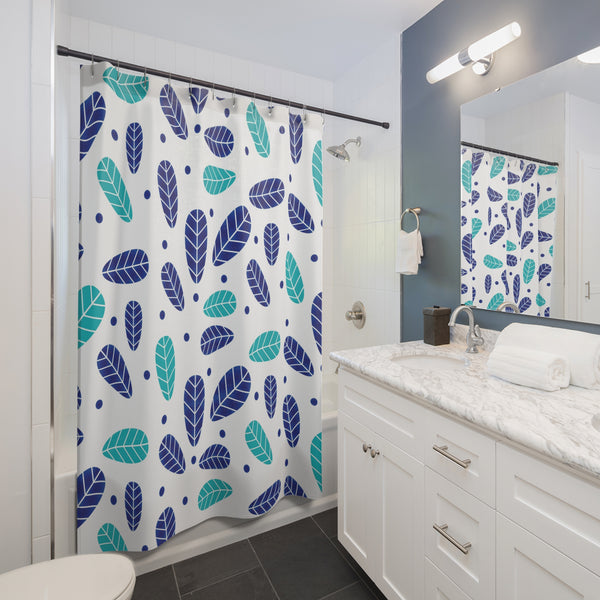 Blue Teal Leaves On White Fabric Shower Curtain Custom Design Bathroom Decor 71 x 74