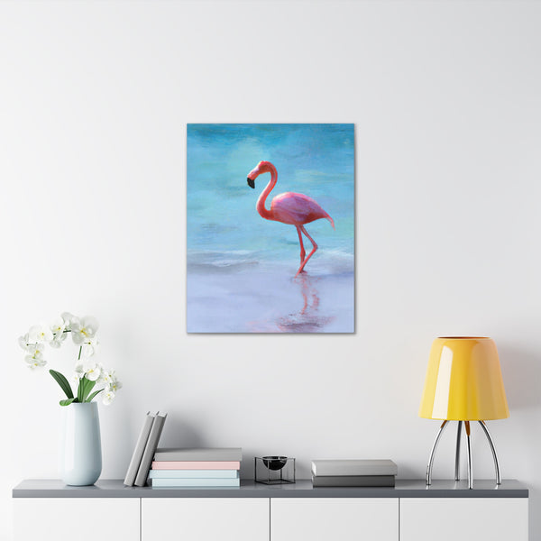 Pink Flamingo On The Beach Original Canvas Wall Art Decor, Gallery Wraps, 3 Sizes, Living Room, Office, Bedroom, Family Room, Home, 3 Sizes