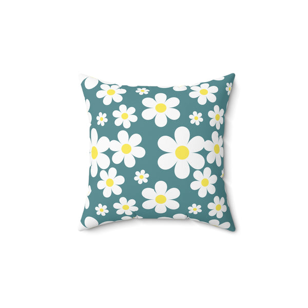 Groovy White Daisies On Teal Green Spun Polyester Square Pillow in 4 Sizes, Home Decor, Throw Pillow