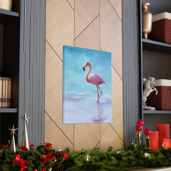 Pink Flamingo On The Beach Original Canvas Wall Art Decor, Gallery Wraps, 3 Sizes, Living Room, Office, Bedroom, Family Room, Home, 3 Sizes