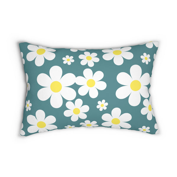 Groovy White Daisies On Green Spun Polyester Lumbar Pillow 20 x 14, Home Decor, Throw Pillow