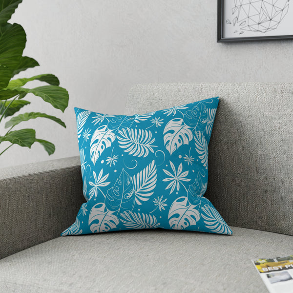 White Palm Fronds On Teal Blue Broadcloth Pillow 4 Sizes Square and 1 Lumbar Size, Home Decor, Pillows