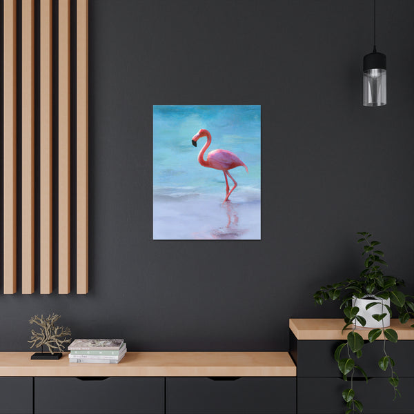 Pink Flamingo On The Beach Original Canvas Wall Art Decor, Gallery Wraps, 3 Sizes, Living Room, Office, Bedroom, Family Room, Home, 3 Sizes