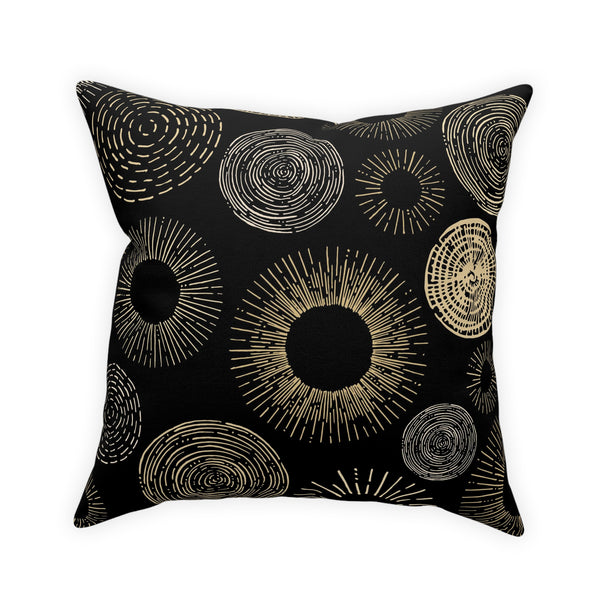 Gold Circle Sunburst Design on Black Broadcloth Pillow 4 Sizes Square and 1 Lumbar Size, Home Decor, Pillows