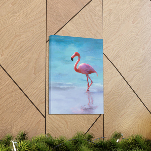Pink Flamingo On The Beach Original Canvas Wall Art Decor, Gallery Wraps, 3 Sizes, Living Room, Office, Bedroom, Family Room, Home, 3 Sizes