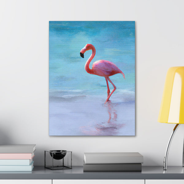 Pink Flamingo On The Beach Original Canvas Wall Art Decor, Gallery Wraps, 3 Sizes, Living Room, Office, Bedroom, Family Room, Home, 3 Sizes