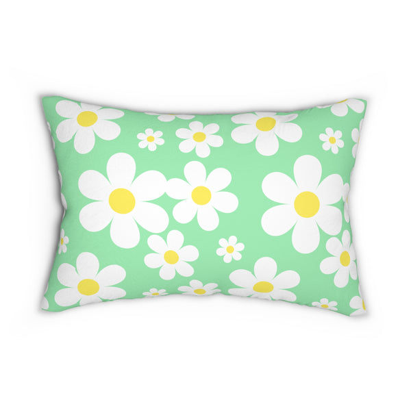 Groovy White Daisies On Spring Green Spun Polyester Lumbar Pillow 20 x 14, Home Decor, Throw Pillow