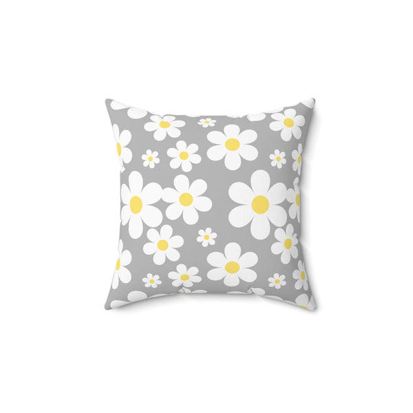 Groovy White Daisies On Gray Spun Polyester Square Pillow in 4 Sizes, Home Decor, Throw Pillow