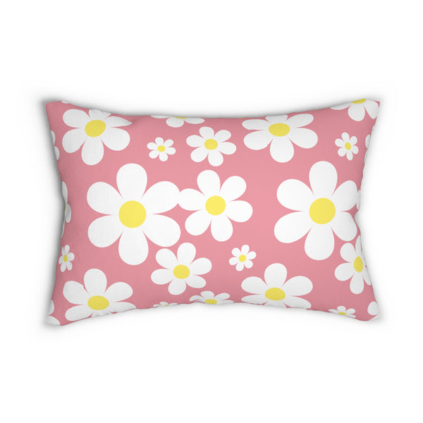 Groovy White Daisies On Pink Spun Polyester Lumbar Pillow 20 x 14, Home Decor, Throw Pillow