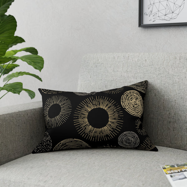 Gold Circle Sunburst Design on Black Broadcloth Pillow 4 Sizes Square and 1 Lumbar Size, Home Decor, Pillows
