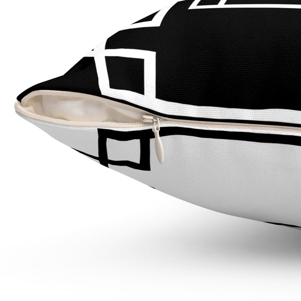 Geometric Chinoiserie Pattern Reversible Black and White Print Original Design Spun Polyester Square Pillow 4 Sizes