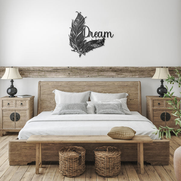 Dream Boho Feathers Sign Steel Powder Coated Sign 5 Colors