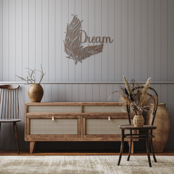 Dream Boho Feathers Sign Steel Powder Coated Sign 5 Colors
