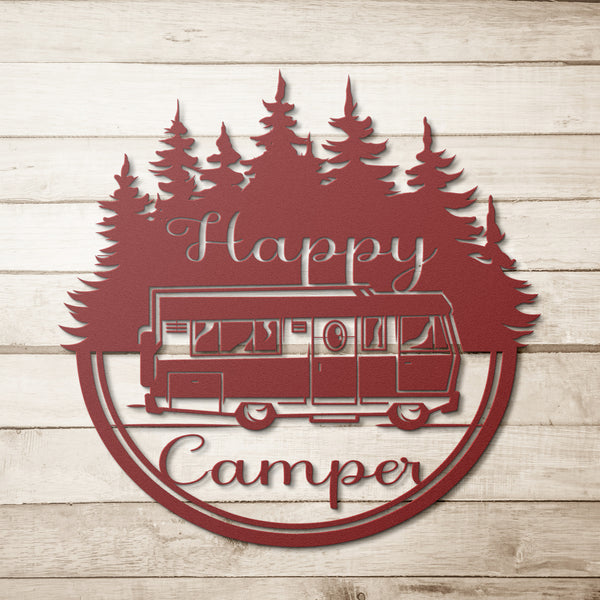 Happy Camper RV In Trees Custom Metal Sign Powder Coated Steel 5 Colors