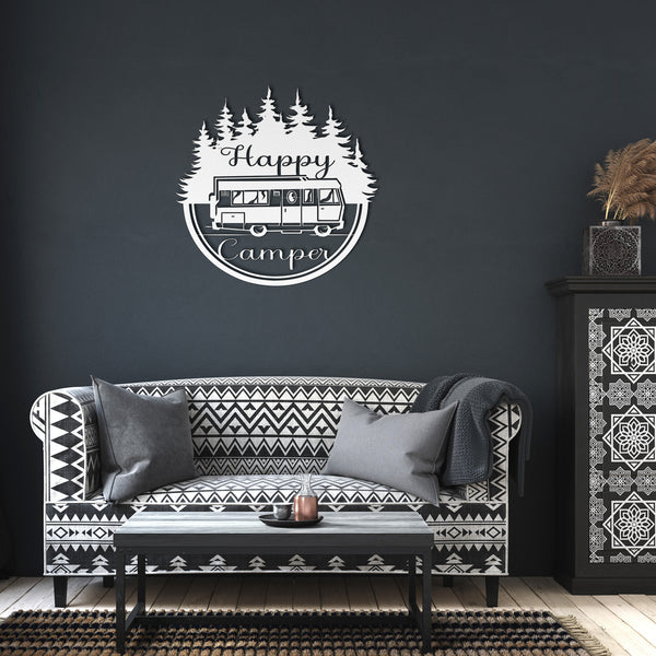 Happy Camper RV In Trees Custom Metal Sign Powder Coated Steel 5 Colors